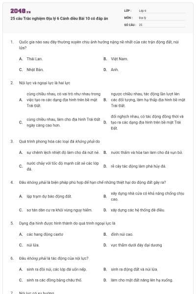 25 câu Trắc nghiệm Địa lý 6 Cánh diều Bài 10 có đáp án