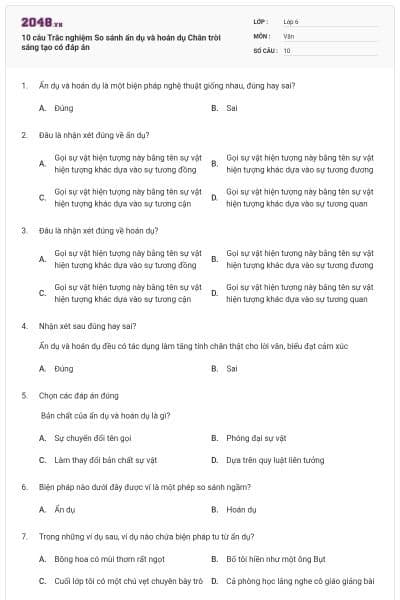 10 câu Trắc nghiệm So sánh ẩn dụ và hoán dụ Chân trời sáng tạo có đáp án