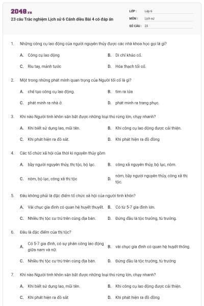 23 câu Trắc nghiệm Lịch sử 6 Cánh diều Bài 4 có đáp án