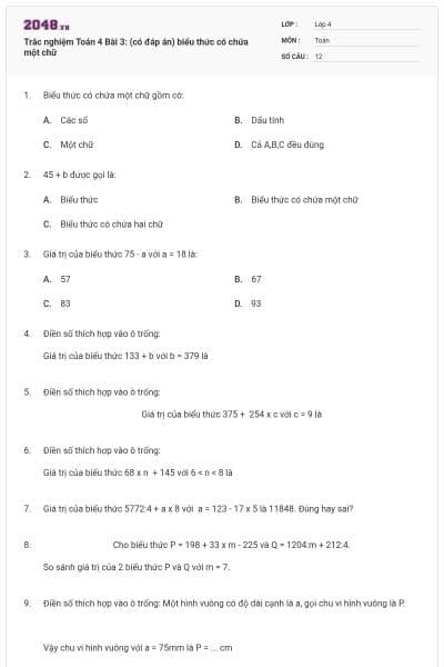 Trắc nghiệm Toán 4 Bài 3: (có đáp án) biểu thức có chứa một chữ