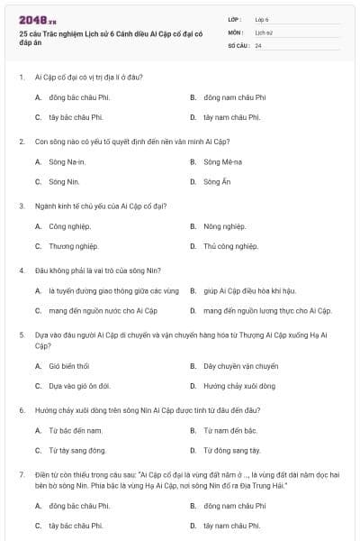 25 câu Trắc nghiệm Lịch sử 6 Cánh diều Ai Cập cổ đại có đáp án