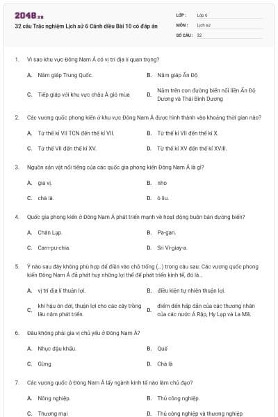32 câu Trắc nghiệm Lịch sử 6 Cánh diều Bài 10 có đáp án