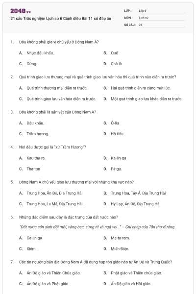 21 câu Trắc nghiệm Lịch sử 6 Cánh diều Bài 11 có đáp án
