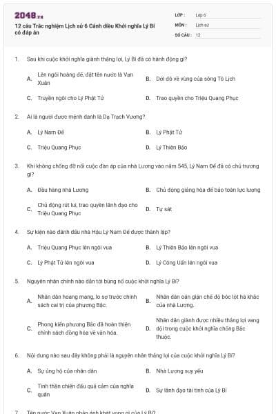 12 câu Trắc nghiệm Lịch sử 6 Cánh diều Khởi nghĩa Lý Bí có đáp án