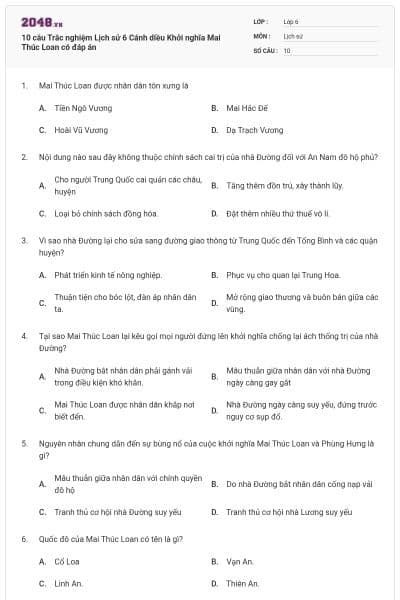10 câu Trắc nghiệm Lịch sử 6 Cánh diều Khởi nghĩa Mai Thúc Loan có đáp án