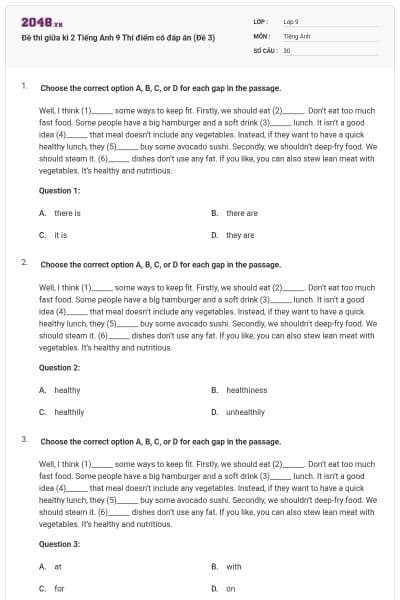 Đề thi giữa kì 2 Tiếng Anh 9 Thí điểm có đáp án (Đề 3)