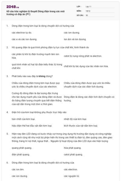60 câu trắc nghiệm lý thuyết Dòng điện trong các môi trường có đáp án (P1)