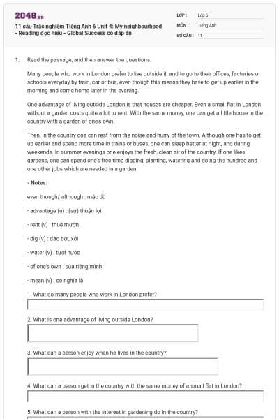 11 câu Trắc nghiệm Tiếng Anh 6 Unit 4: My neighbourhood - Reading đọc hiểu - Global Success có đáp án