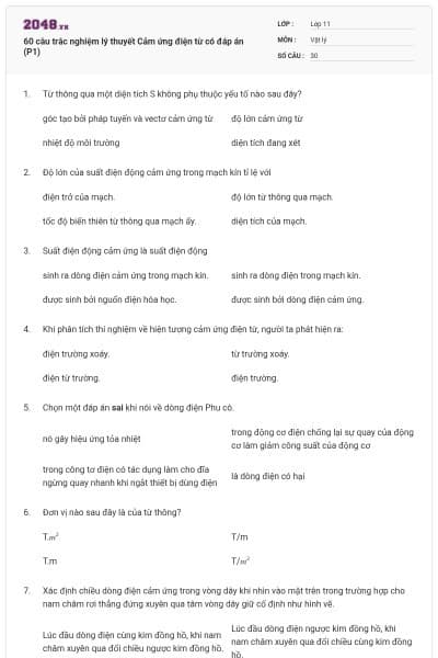 60 câu trắc nghiệm lý thuyết Cảm ứng điện từ có đáp án (P1)