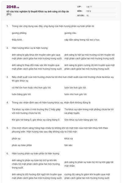 65 câu trắc nghiệm lý thuyết Khúc xạ ánh sáng có đáp án (P1)