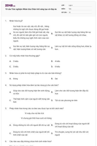 10 câu Trắc nghiệm Nhân hóa Chân trời sáng tạo có đáp án