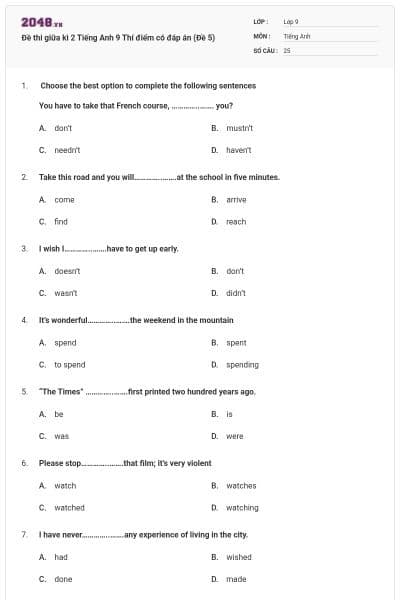 Đề thi giữa kì 2 Tiếng Anh 9 Thí điểm có đáp án (Đề 5)