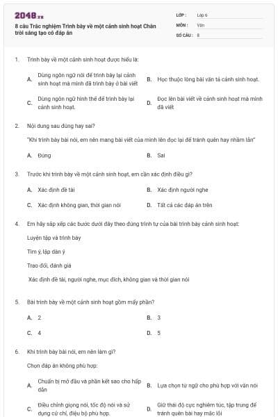 8 câu Trắc nghiệm Trình bày về một cảnh sinh hoạt Chân trời sáng tạo có đáp án