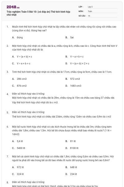 Trắc nghiệm Toán 5 Bài 10: (có đáp án) Thể tích hình hộp chữ nhật