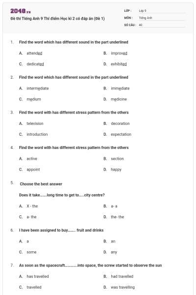 Đề thi Tiếng Anh 9 Thí điểm Học kì 2 có đáp án (Đề 1)