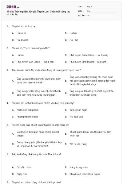 10 câu Trắc nghiệm tác giả Thạch Lam Chân trời sáng tạo có đáp án