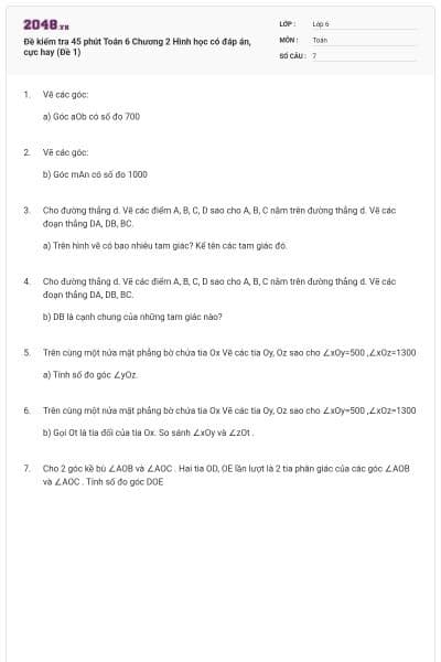 Đề kiểm tra 45 phút Toán 6 Chương 2 Hình học có đáp án, cực hay (Đề 1)