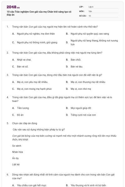 10 câu Trắc nghiệm Con gái của mẹ Chân trời sáng tạo có đáp án