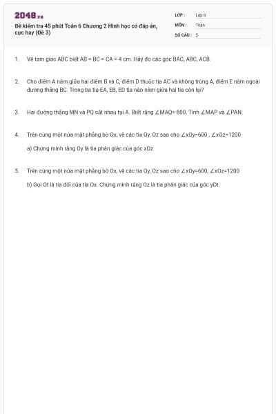 Đề kiểm tra 45 phút Toán 6 Chương 2 Hình học có đáp án, cực hay (Đề 3)