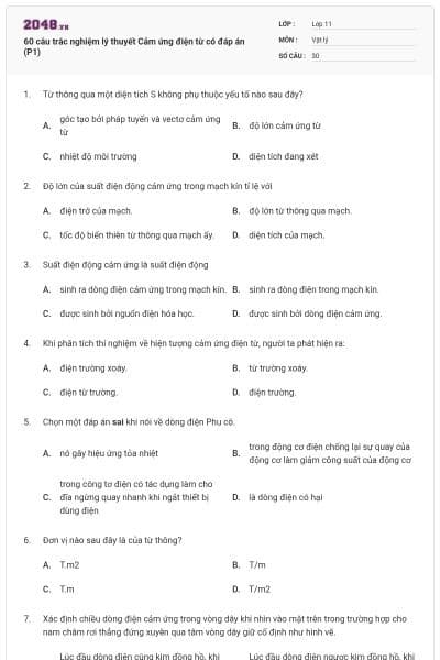 60 câu trắc nghiệm lý thuyết Cảm ứng điện từ có đáp án (P1)