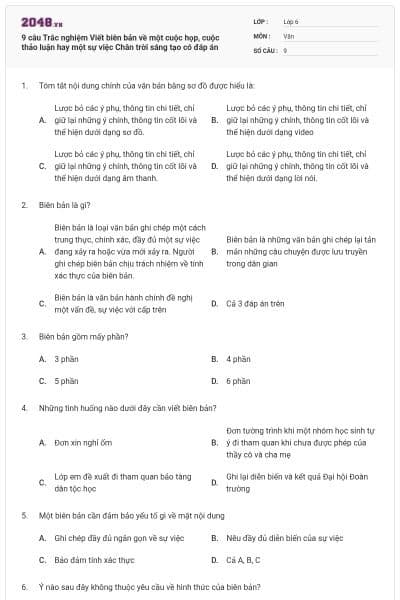 9 câu Trắc nghiệm Viết biên bản về một cuộc họp, cuộc thảo luận hay một sự việc Chân trời sáng tạo có đáp án