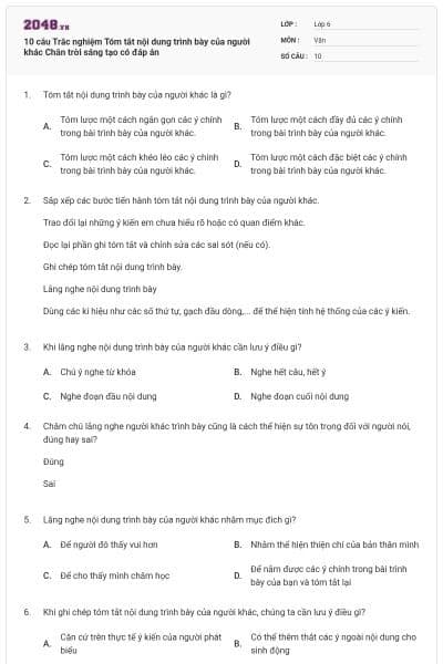 10 câu Trắc nghiệm Tóm tắt nội dung trình bày của người khác Chân trời sáng tạo có đáp án