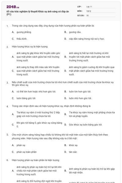 65 câu trắc nghiệm lý thuyết Khúc xạ ánh sáng có đáp án (P1)