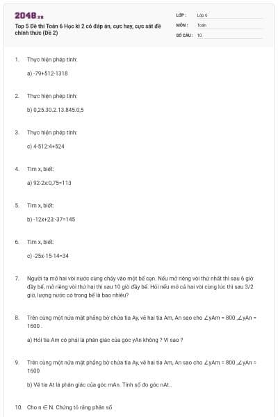 Top 5 Đề thi Toán 6 Học kì 2 có đáp án, cực hay, cực sát đề chính thức (Đề 2)