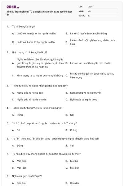 10 câu Trắc nghiệm Từ đa nghĩa Chân trời sáng tạo có đáp án