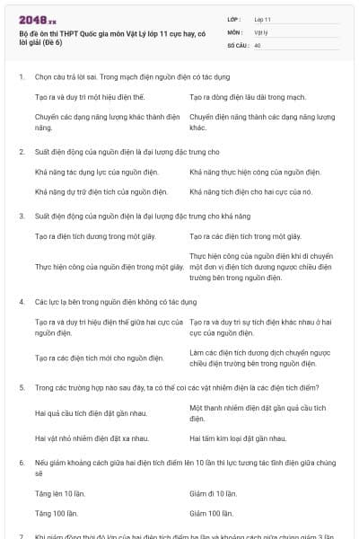 Bộ đề ôn thi THPT Quốc gia môn Vật Lý lớp 11 cực hay, có lời giải (Đề 6)