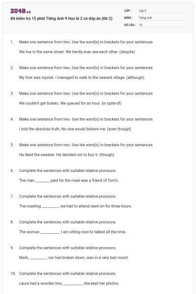 Đề kiểm tra 15 phút Tiếng Anh 9 Học kì 2 có đáp án (Đề 2)