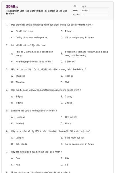Trắc nghiệm Sinh Học 6 Bài 42: Lớp Hai lá mầm và lớp Một lá mầm