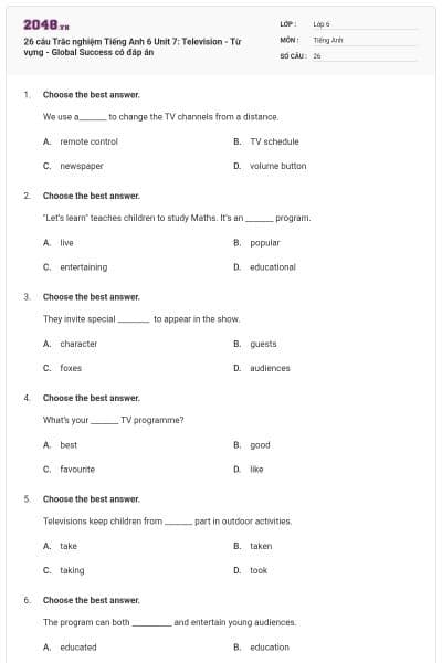26 câu Trắc nghiệm Tiếng Anh 6 Unit 7: Television - Từ vựng - Global Success có đáp án