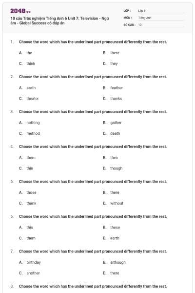 10 câu Trắc nghiệm Tiếng Anh 6 Unit 7: Television - Ngữ âm - Global Success có đáp án
