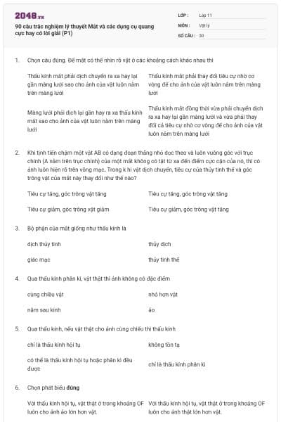 90 câu trắc nghiệm lý thuyết Mắt và các dụng cụ quang cực hay có lời giải (P1)