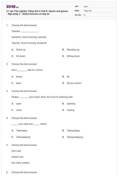 21 câu Trắc nghiệm Tiếng Anh 6 Unit 8: Sports and games - Ngữ pháp 2 - Global Success có đáp án