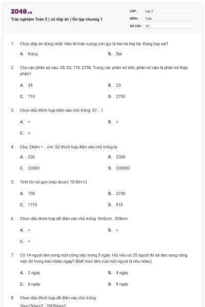 Trắc nghiệm Toán 5 ( có đáp án ) Ôn tập chương 1