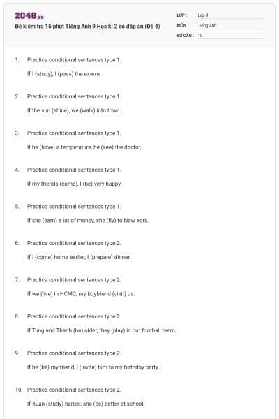 Đề kiểm tra 15 phút Tiếng Anh 9 Học kì 2 có đáp án (Đề 4)