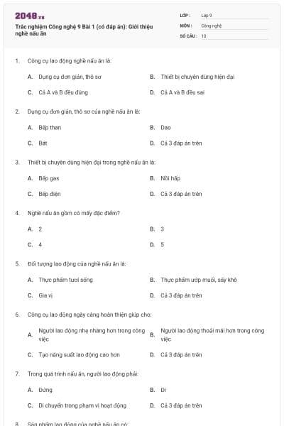Trắc nghiệm Công nghệ 9 Bài 1 (có đáp án): Giới thiệu nghề nấu ăn