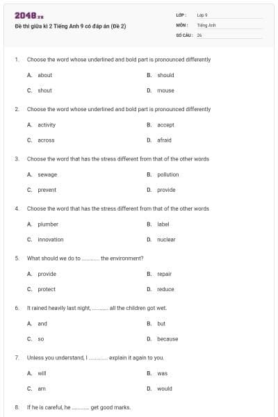 Đề thi giữa kì 2 Tiếng Anh 9 có đáp án (Đề 2)