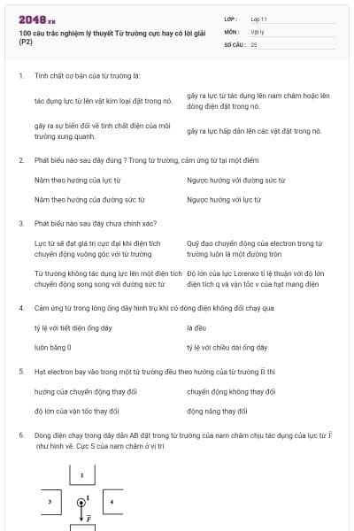 100 câu trắc nghiệm lý thuyết Từ trường cực hay có lời giải (P2)