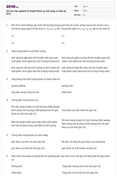 65 câu trắc nghiệm lý thuyết Khúc xạ ánh sáng có đáp án (P2)