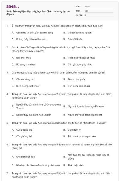 9 câu Trắc nghiệm Học thầy, học bạn Chân trời sáng tạo có đáp án