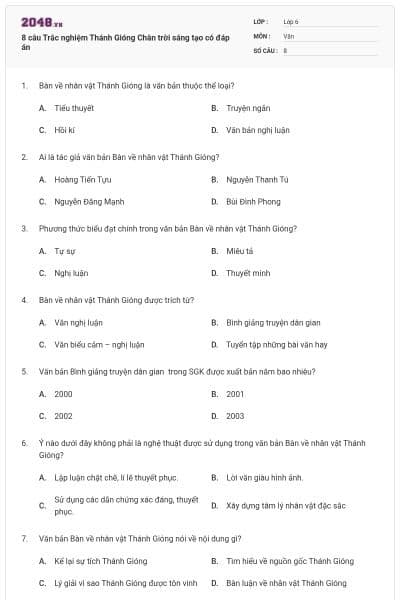 8 câu Trắc nghiệm Thánh Gióng Chân trời sáng tạo có đáp án