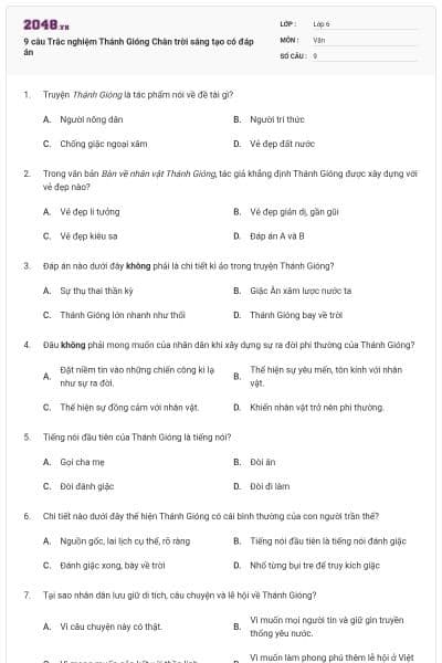 9 câu Trắc nghiệm Thánh Gióng Chân trời sáng tạo có đáp án