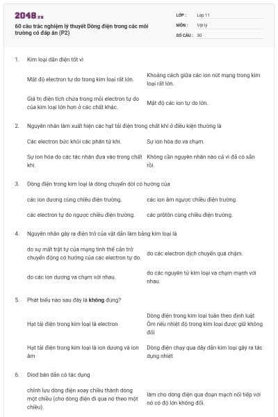 60 câu trắc nghiệm lý thuyết Dòng điện trong các môi trường có đáp án (P2)
