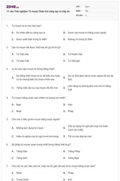 11 câu Trắc nghiệm Từ mượn Chân trời sáng tạo có đáp án