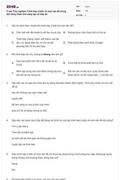 9 câu Trắc nghiệm Trình bày ý kiến về một vấn đề trong đời sống Chân trời sáng tạo có đáp án