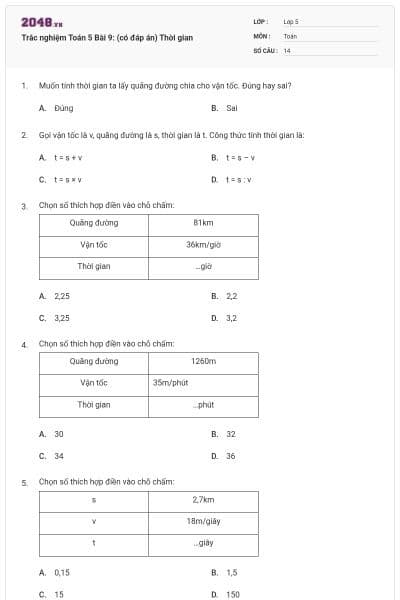 Trắc nghiệm Toán 5 Bài 9: (có đáp án) Thời gian