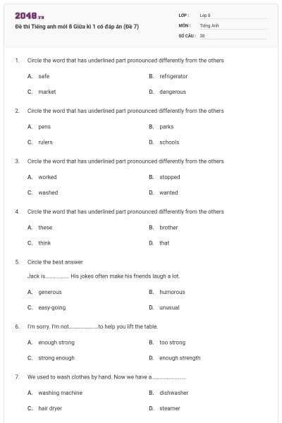 Đề thi Tiếng anh mới 8 Giữa kì 1 có đáp án (Đề 7)